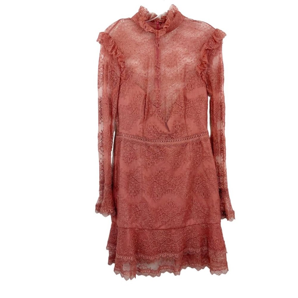 Nicholas Pink Lace Long Sleeve Ruffle Dress High Neck Coquette Cottagecore‎ - 6